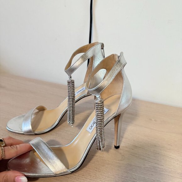 Jimmy Choo Viola 100 Sandals Metallic Silver Crystal Tassel Ankle Strap Sz 41.5 - Picture 8 of 14